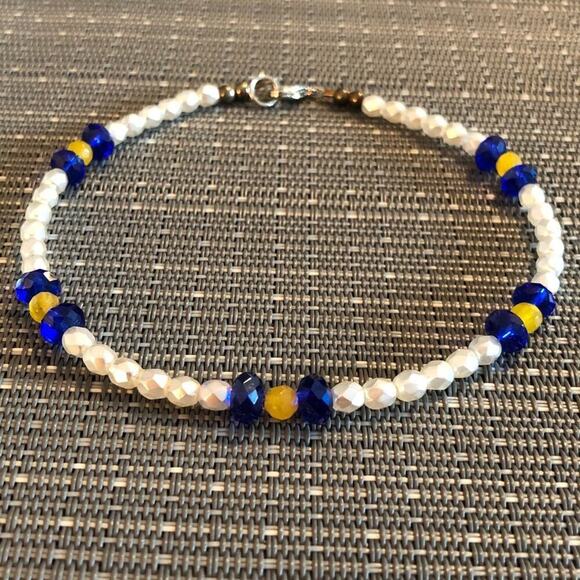 White, Blue and Yellow Handmade Ankle Bracelet - Picture 4 of 8